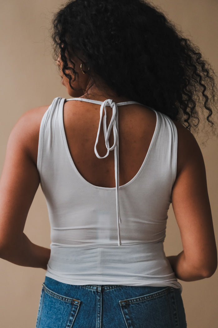 Geel Layla ash grey lightweight asymmetrical tank top featuring wrap bodice AND ROW
