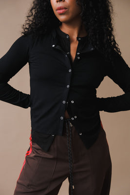 Geel double snap cardigan fitted stretchy black | Pipe and Row Seattle