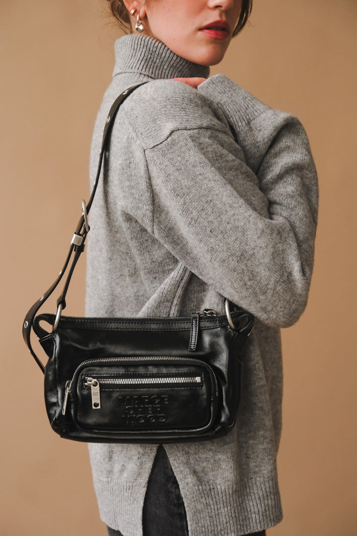 Marge Sherwood Mini hobo out pocket bag glossy black leather | Pipe and Row