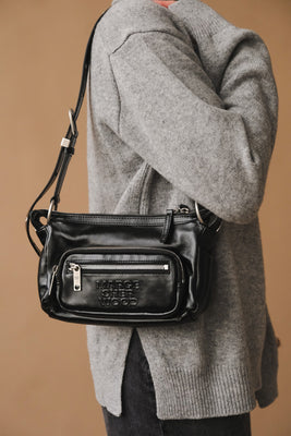 Marge Sherwood Mini hobo out pocket bag glossy black leather | Pipe and Row