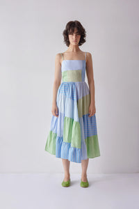 OHSEVENDAYS Darcy patchwork reversible midi dress colorful blue green patterns | Pipe and Row Seattle