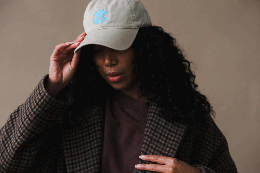 Pipe and Row khaki hat embroidered blue flower "P&R" back | PIPE AND ROW