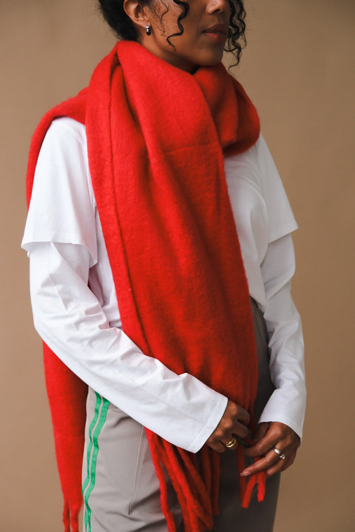 Super soft chunky soft fringe red colorful scarf |  PIPE AND ROW