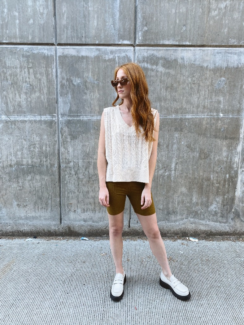 High waist wide ribbed bike shorts in army olive | pipe and row sustainable
