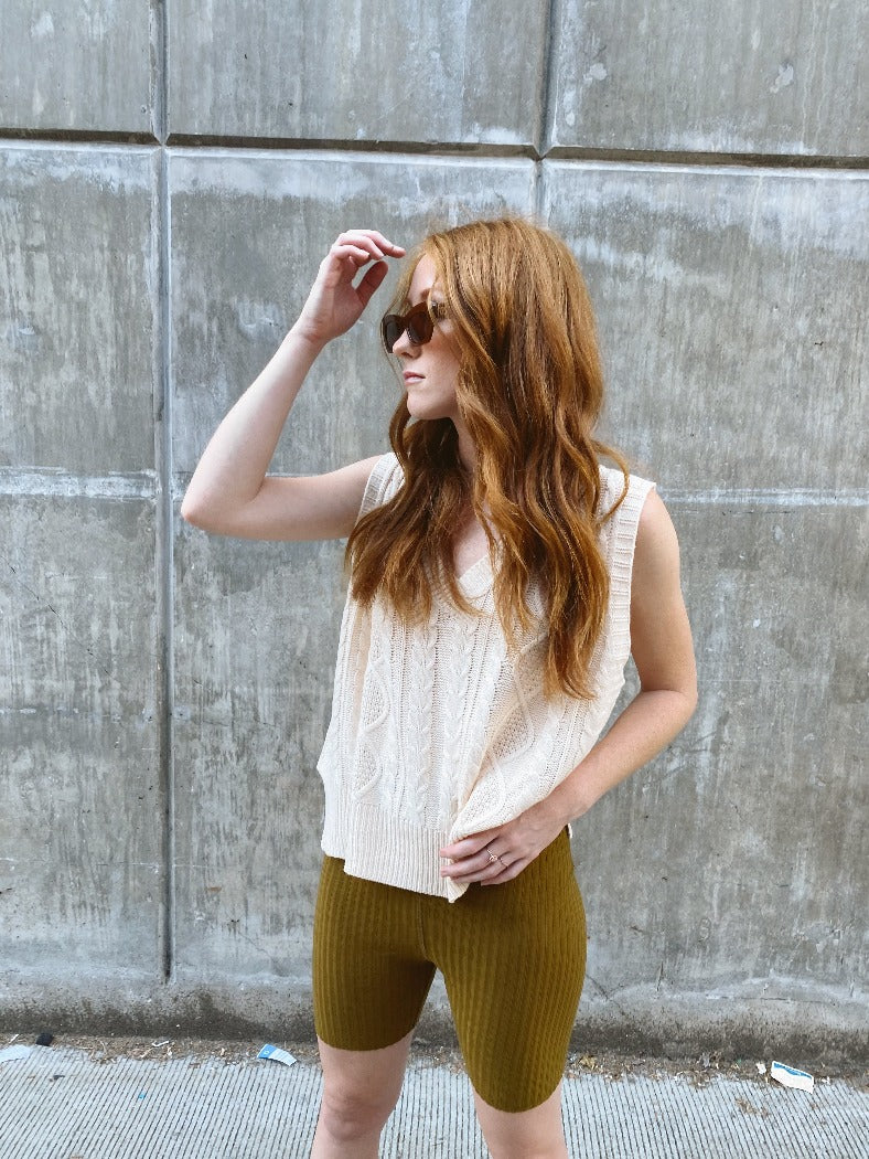 High waist wide ribbed bike shorts in army olive | pipe and row sustainable