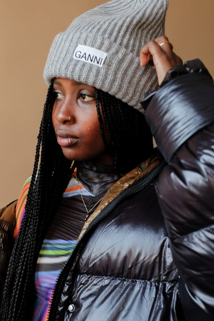 Ganni structured rib beanie light grey paloma melange | Pipe and Row