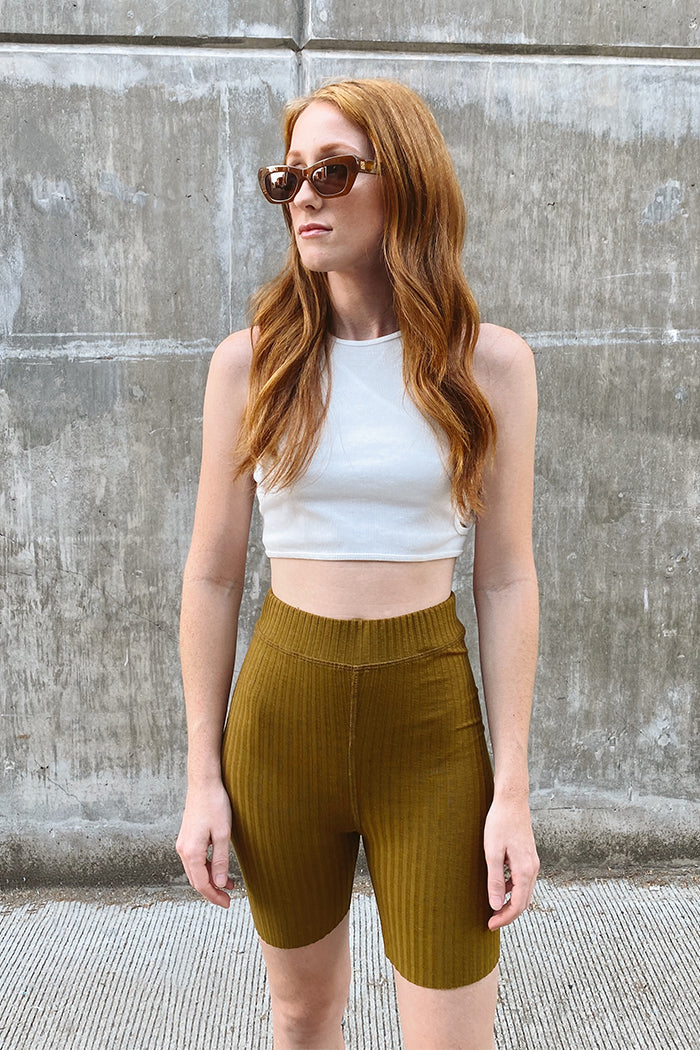 High waist wide ribbed bike shorts in army olive | pipe and row sustainable